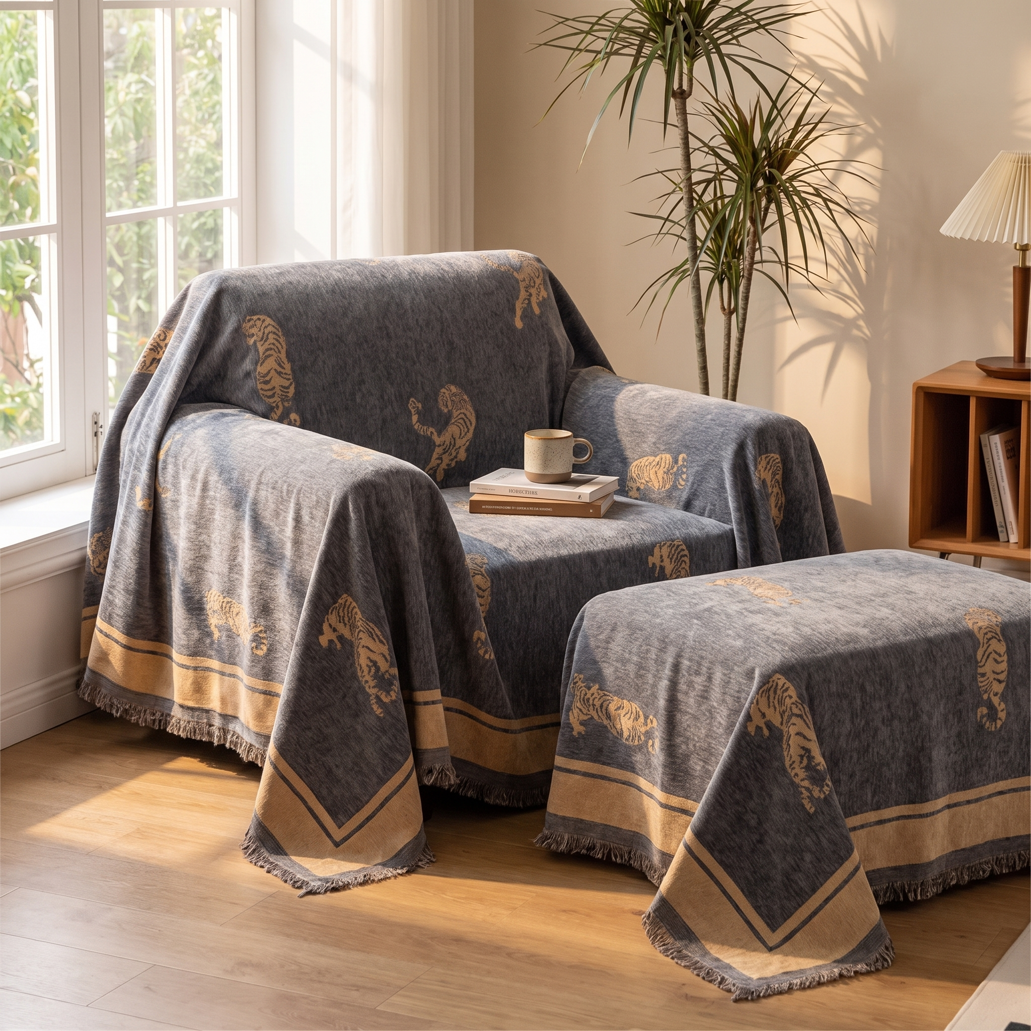 Reversible Chenille Sofa Cover, Tiger Motif, Fringed
