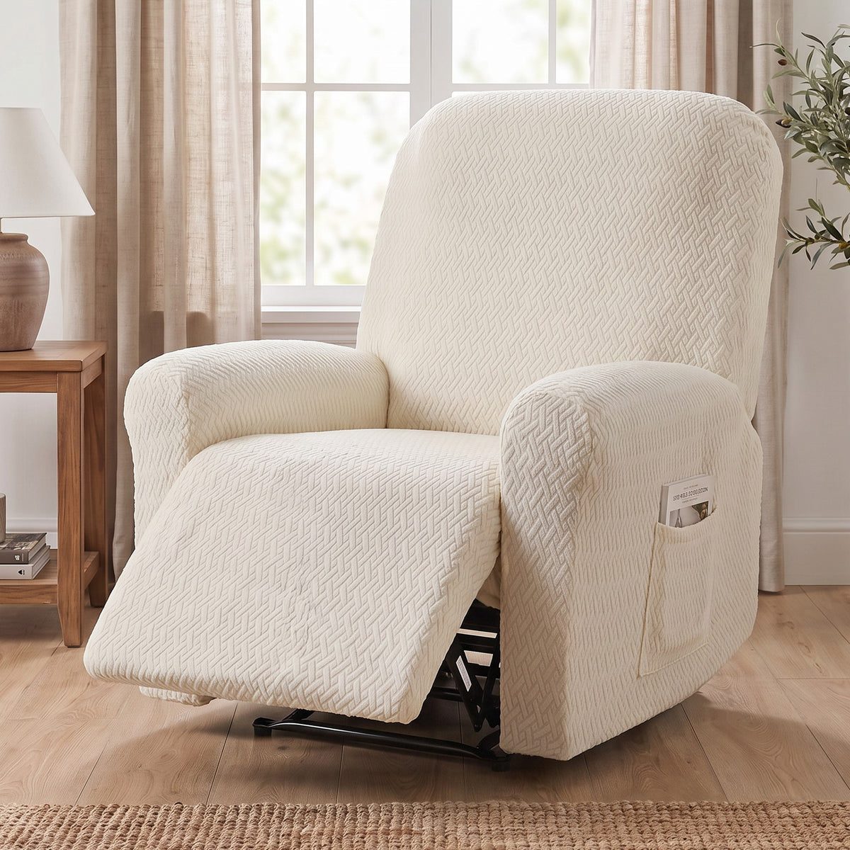 Recliner Chair Cover in Cream on a recliner