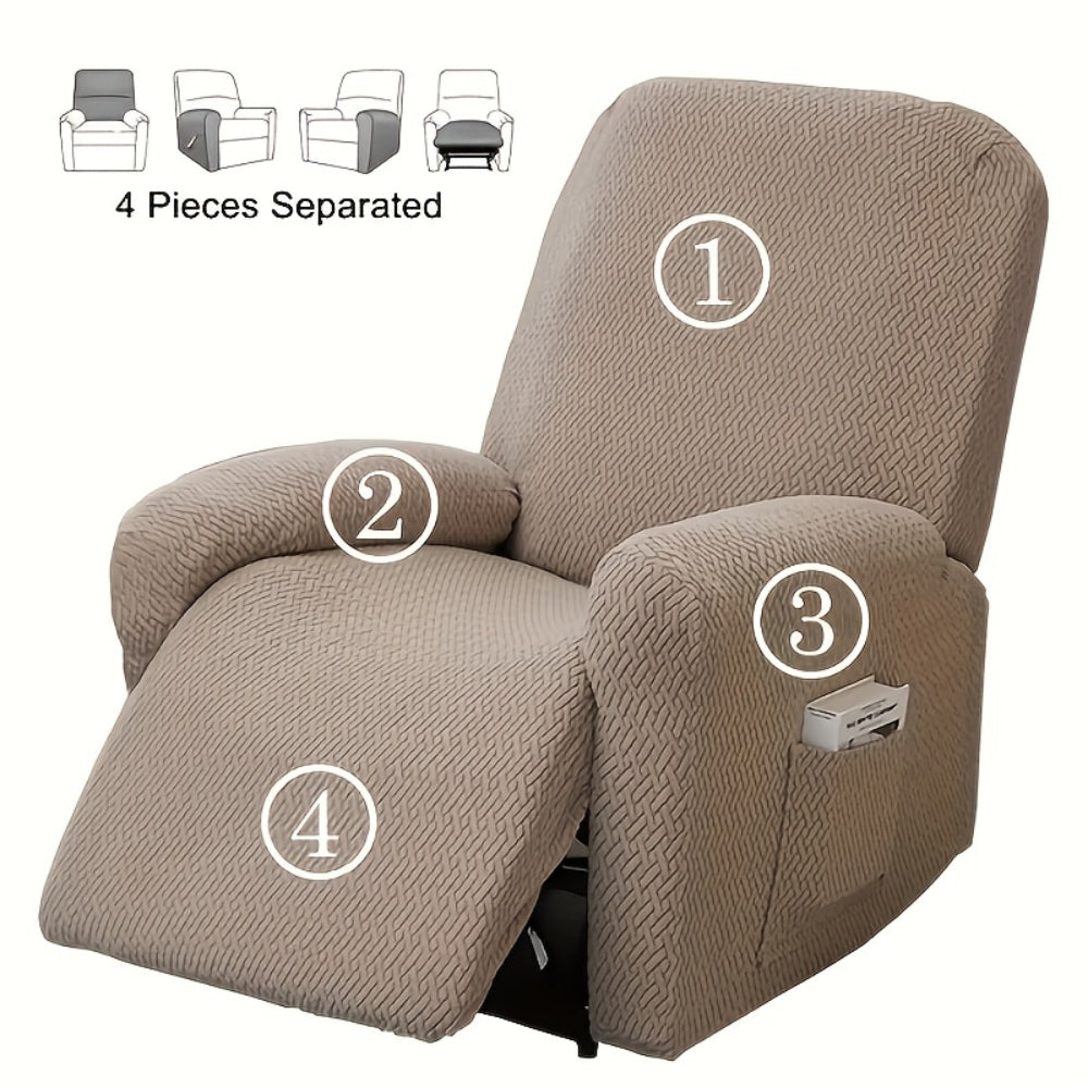 Recliner chair cover in taupe on a white background with its four numbered pieces: backrest, two arms and seat