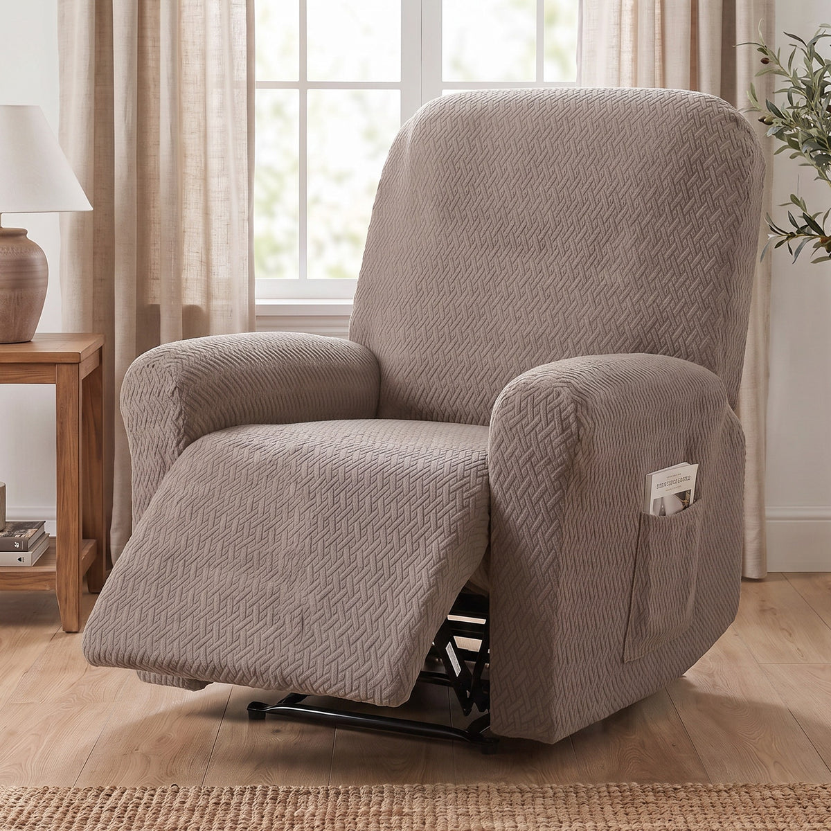 Recliner Chair Cover in Taupe on a recliner