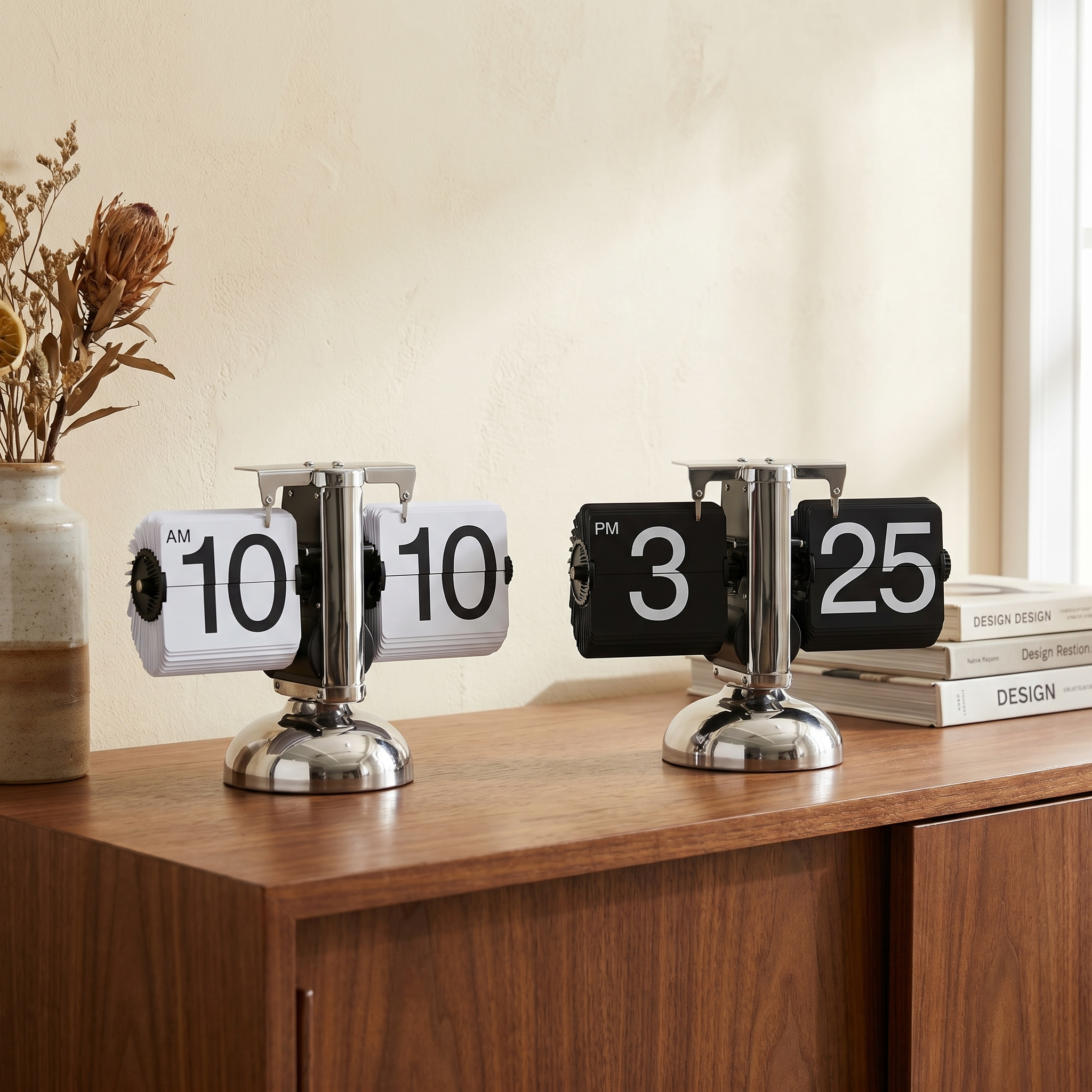 Retro Flip Clock, Stainless Steel, ABS and PVC, 12-Hour, Black or White