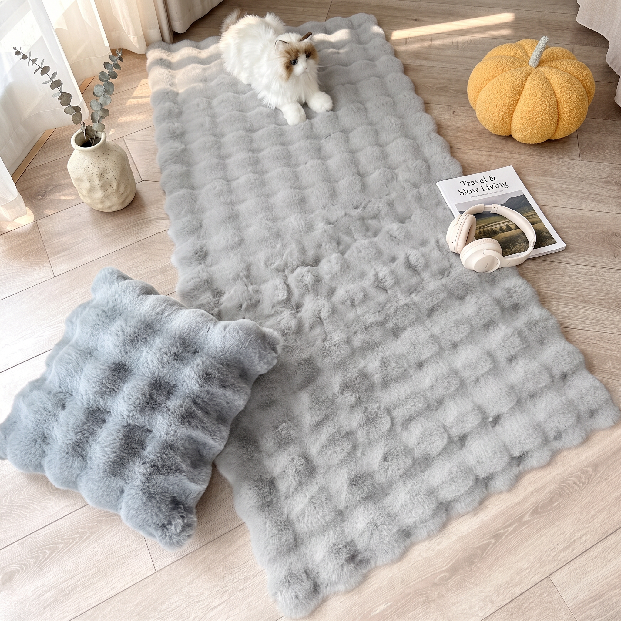 Scandinavian Faux Fur Rug, Anti-Slip Backing, 83 x 35 in