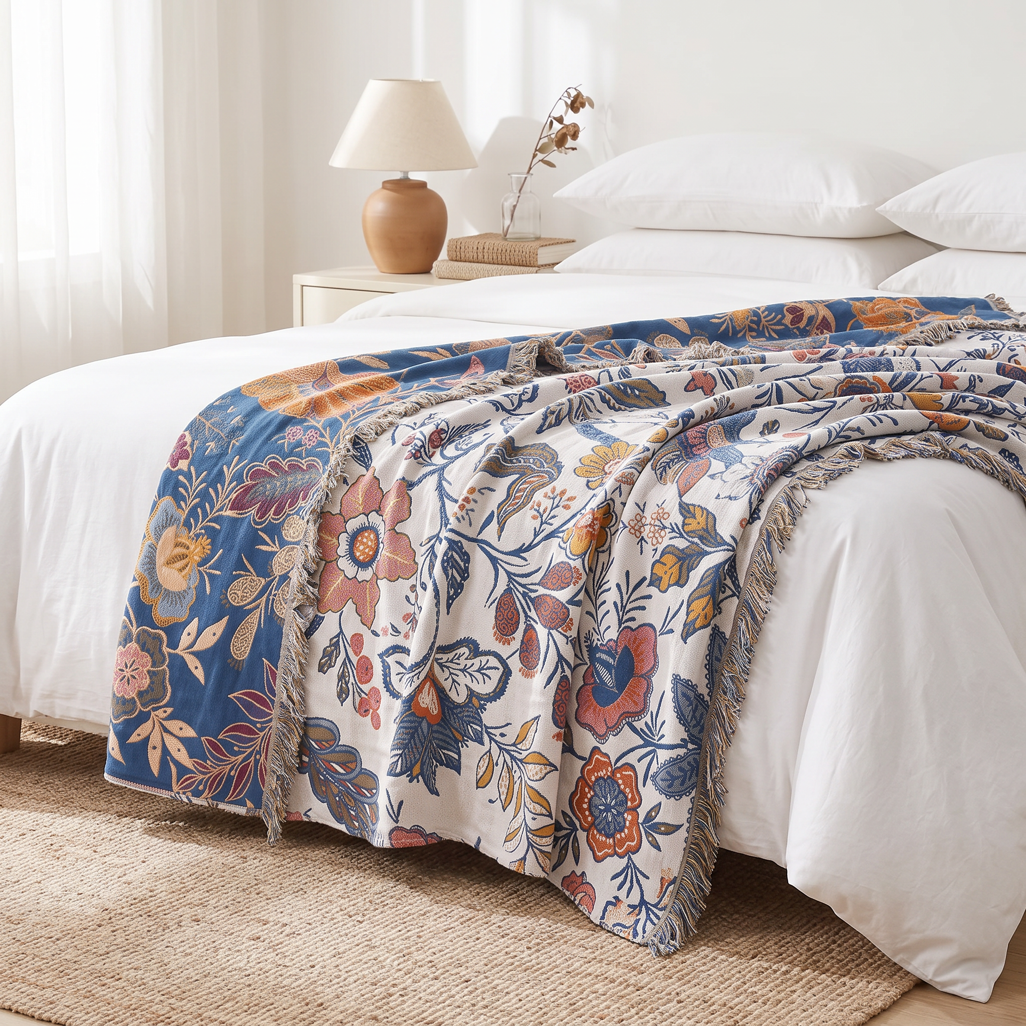Rustic Floral Jacquard Throw Blanket, Reversible Cotton