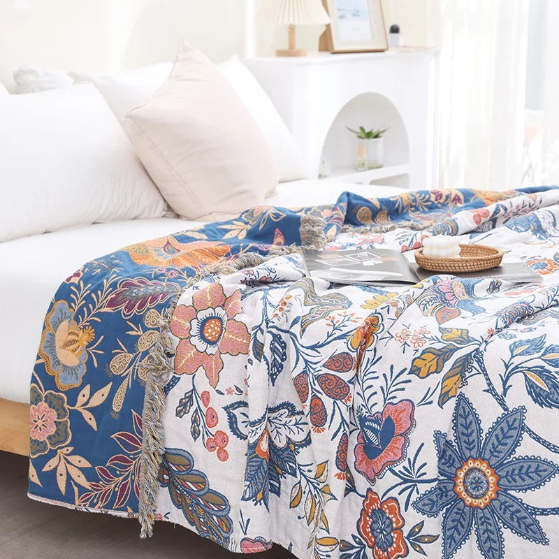 Rustic Floral Jacquard Throw Blanket, Reversible Cotton