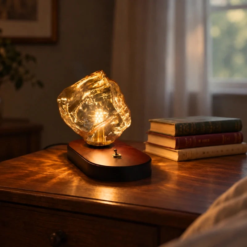 Ribe lamp on a wood dresser beside a stack of books