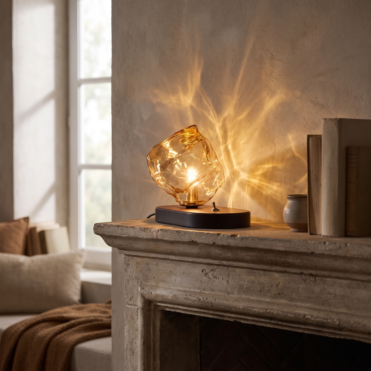 Ribe lamp casting rippled light on a plaster wall above a mantel
