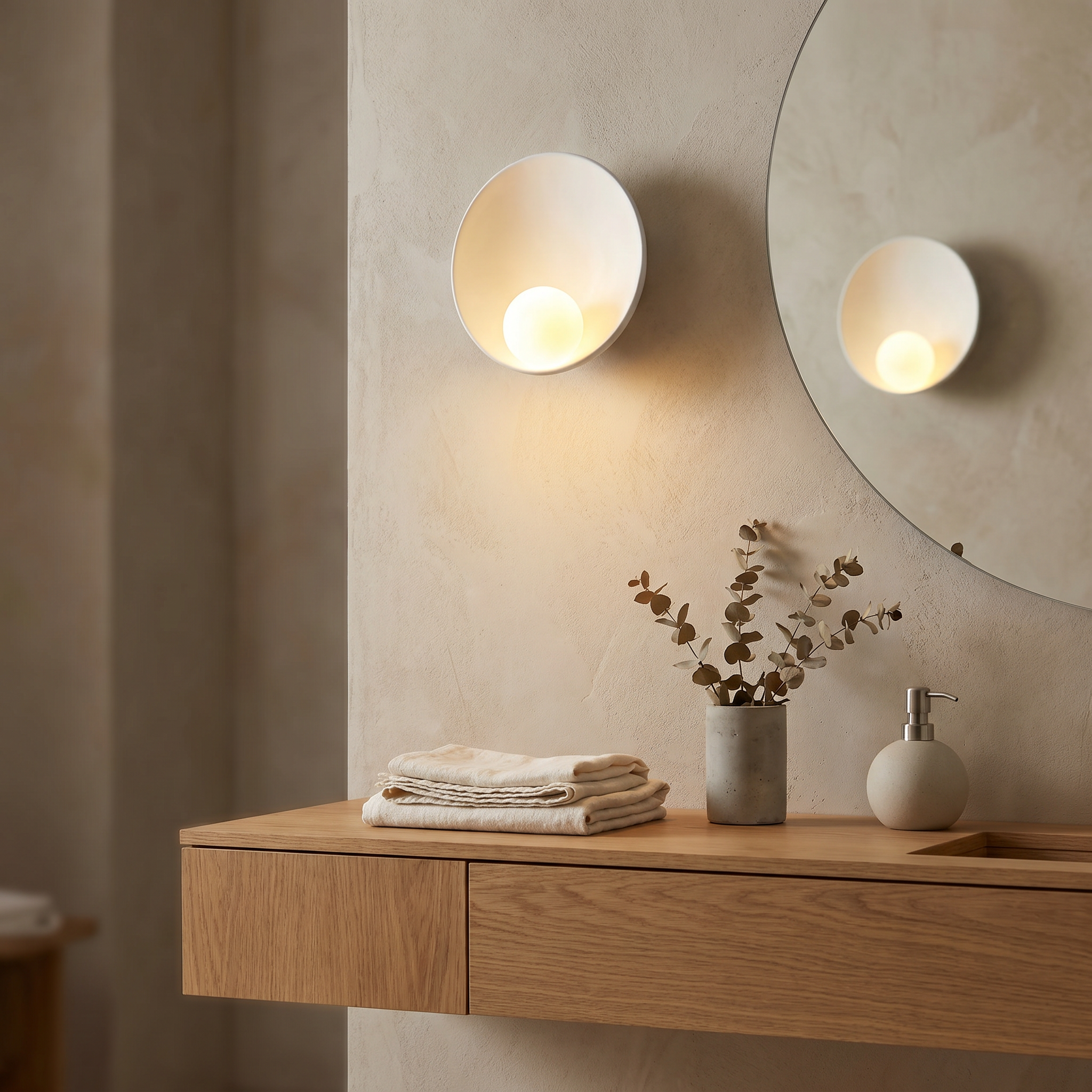 Round Iron Resin Wall Sconce, G4, White or Wood Color, 100-240V