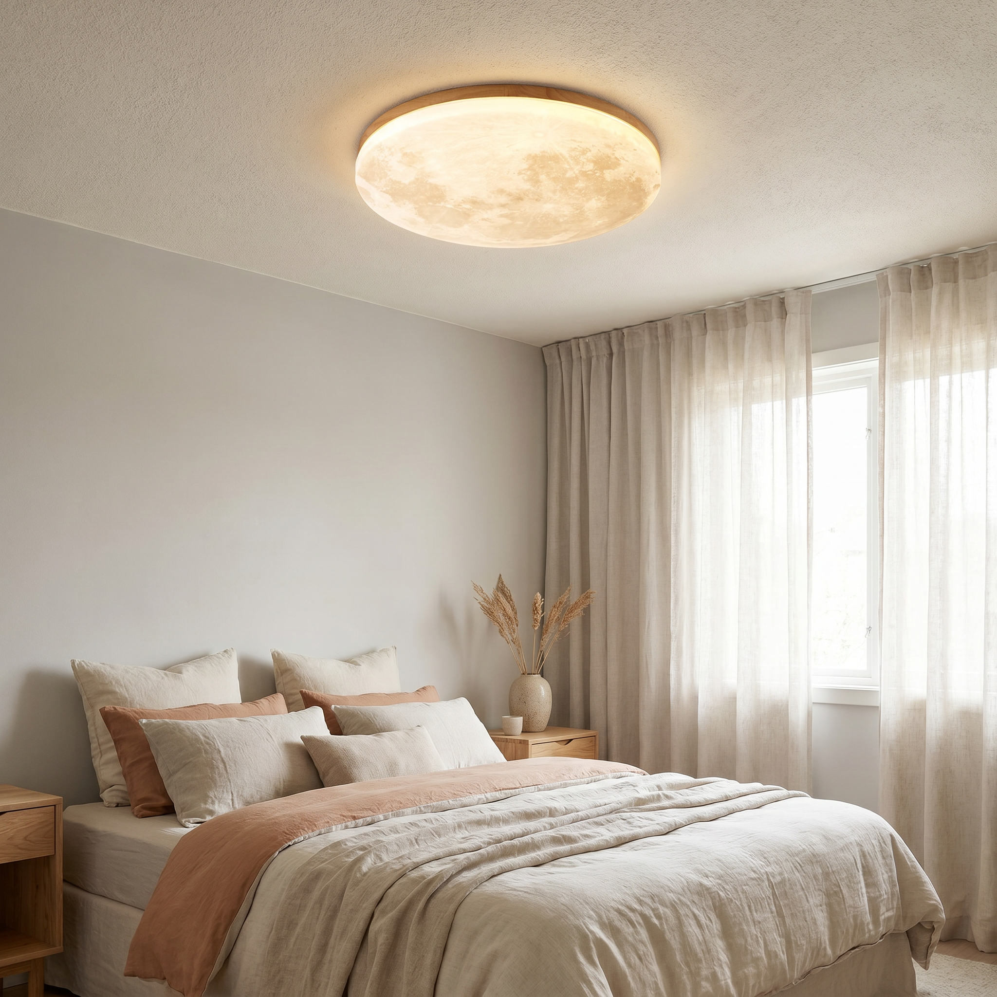 Round LED Flush Mount Ceiling Light, Wood and PVC, 3 Sizes, 110-240V