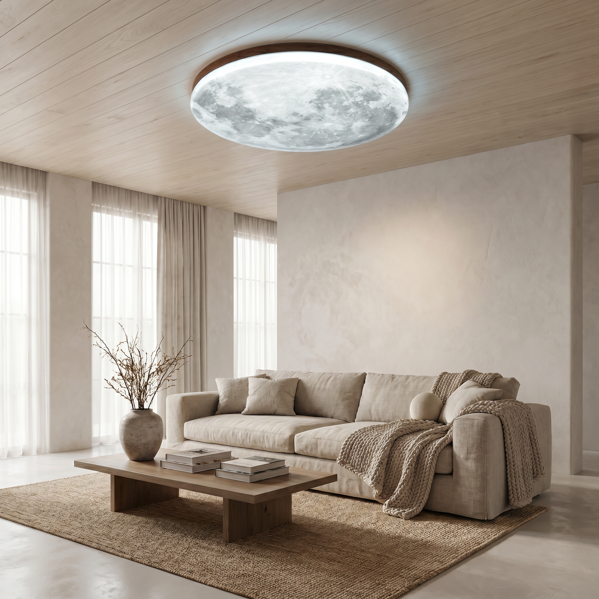 Round LED Flush Mount Ceiling Light, Wood and PVC, 3 Sizes, 110-240V