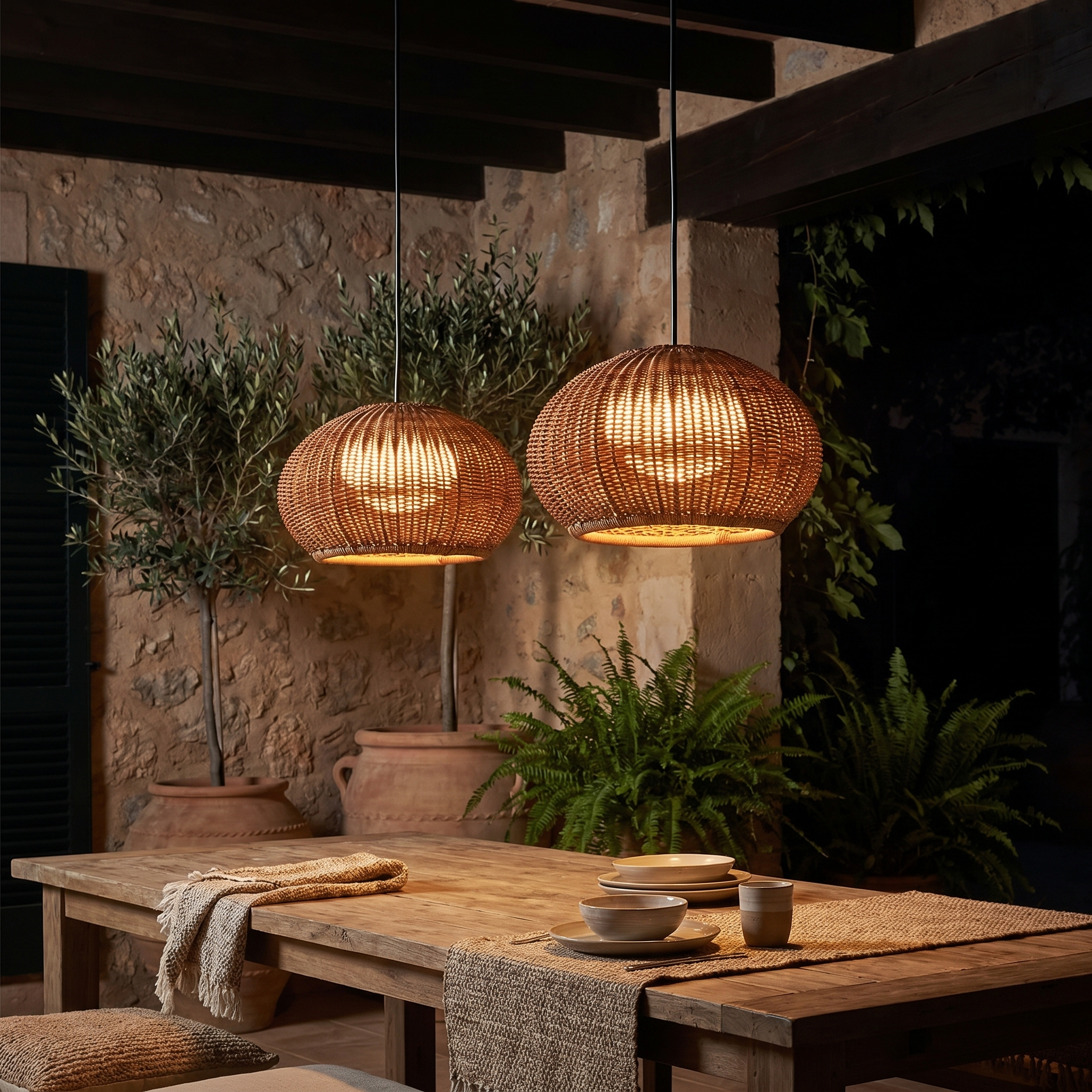 Rattan Outdoor Pendant and Wall Light, PE, IP55, Warm White, E27