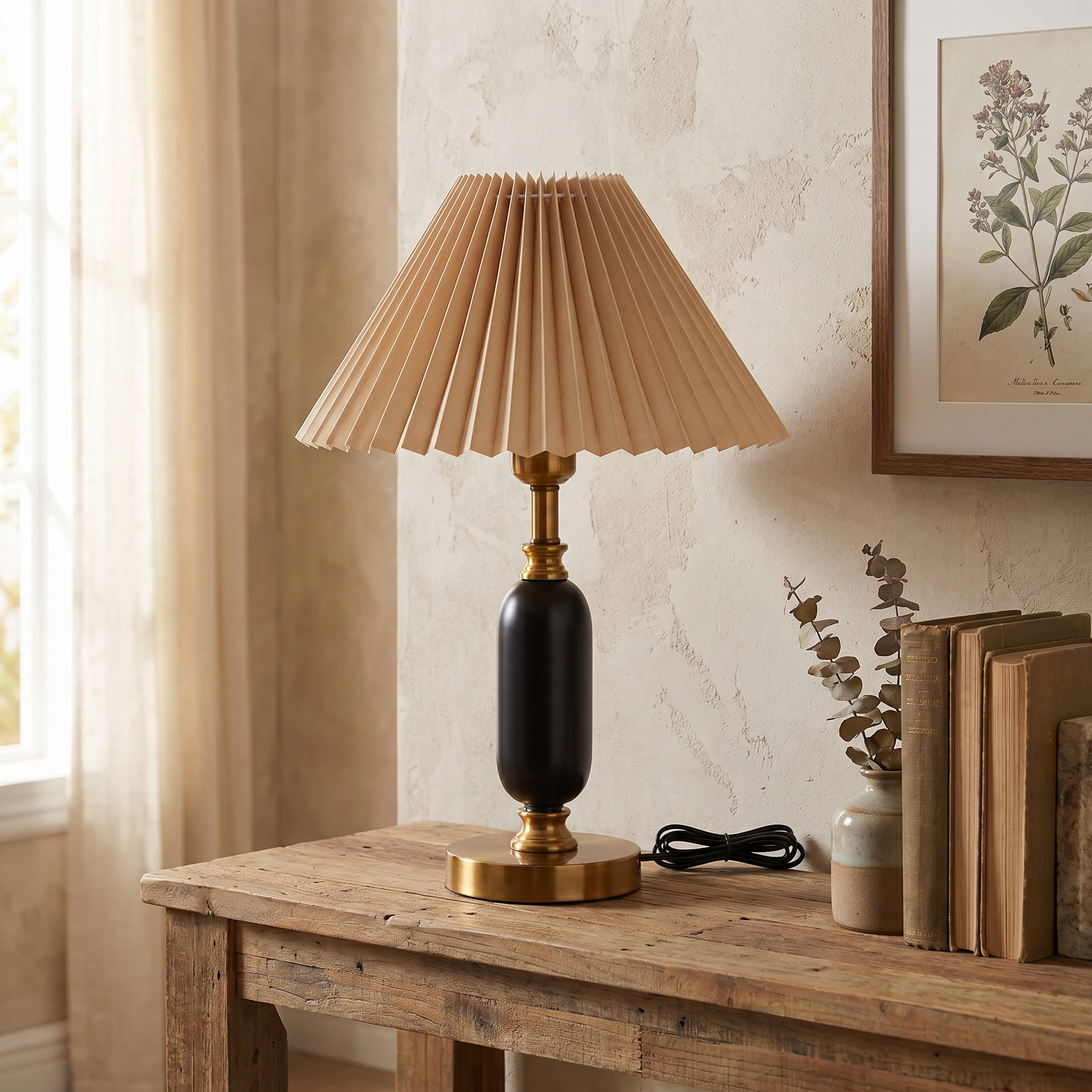 Retro Pleated Shade Column Table Lamp, E12, Six Color Combos, Plug-In