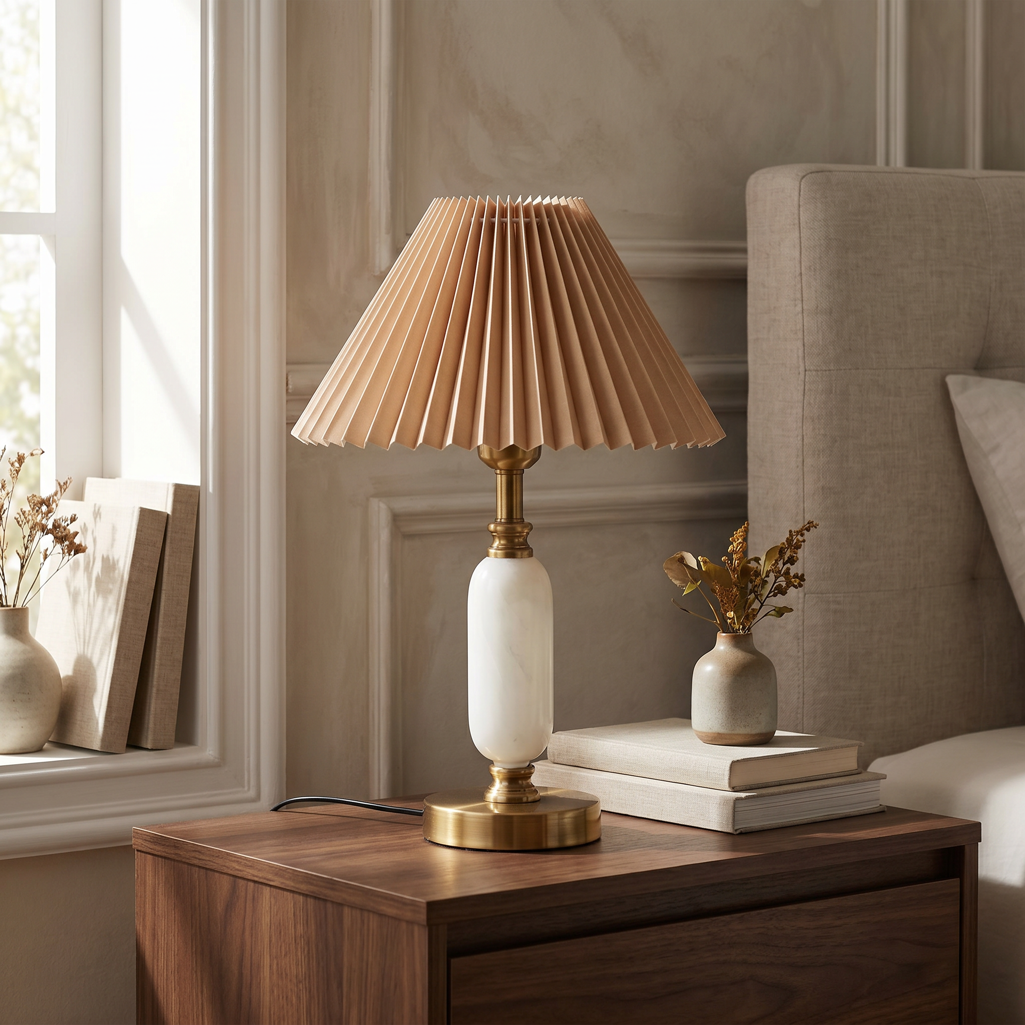 Retro Pleated Shade Column Table Lamp, E12, Six Color Combos, Plug-In