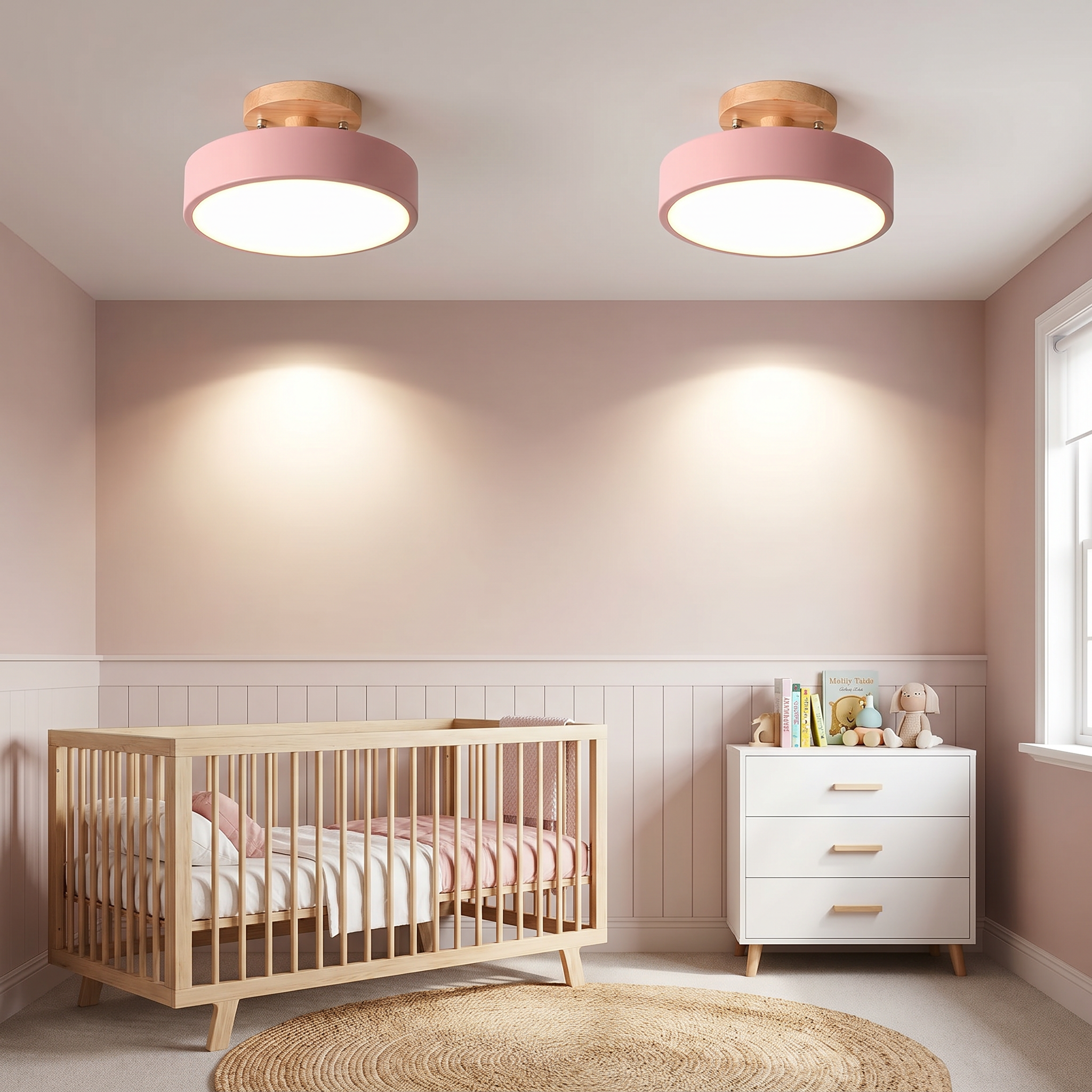 Round Wood LED Semi-Flush Ceiling Light, 3 Sizes, 5 Colors, 110-240V