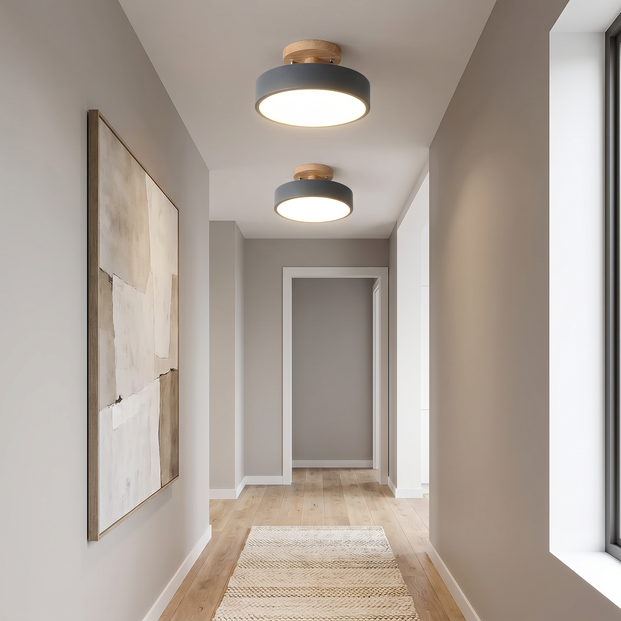 Round Wood LED Semi-Flush Ceiling Light, 3 Sizes, 5 Colors, 110-240V