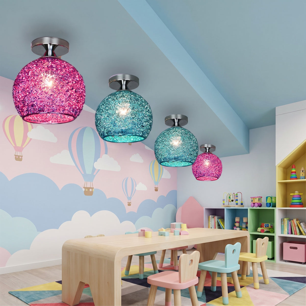 Pink and blue Saara wire dome ceiling lights in a playroom