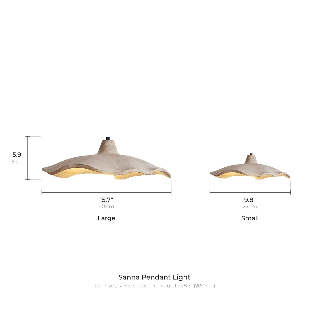 Sanna pendant light size guide showing the large 15.7 inch and small 9.8 inch shades side by side