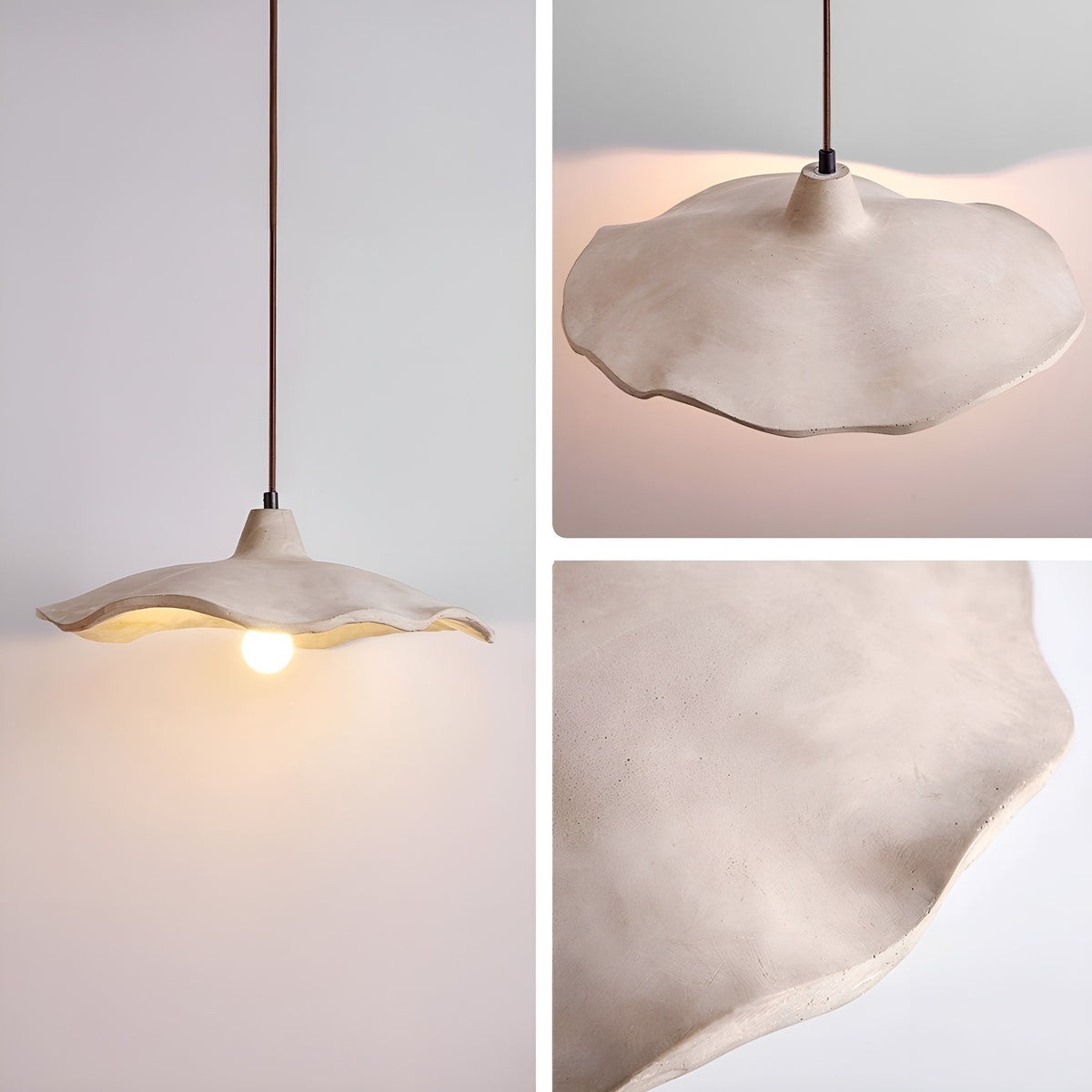 Close view of the Sanna pendant light with wavy cement shade showing the cement texture