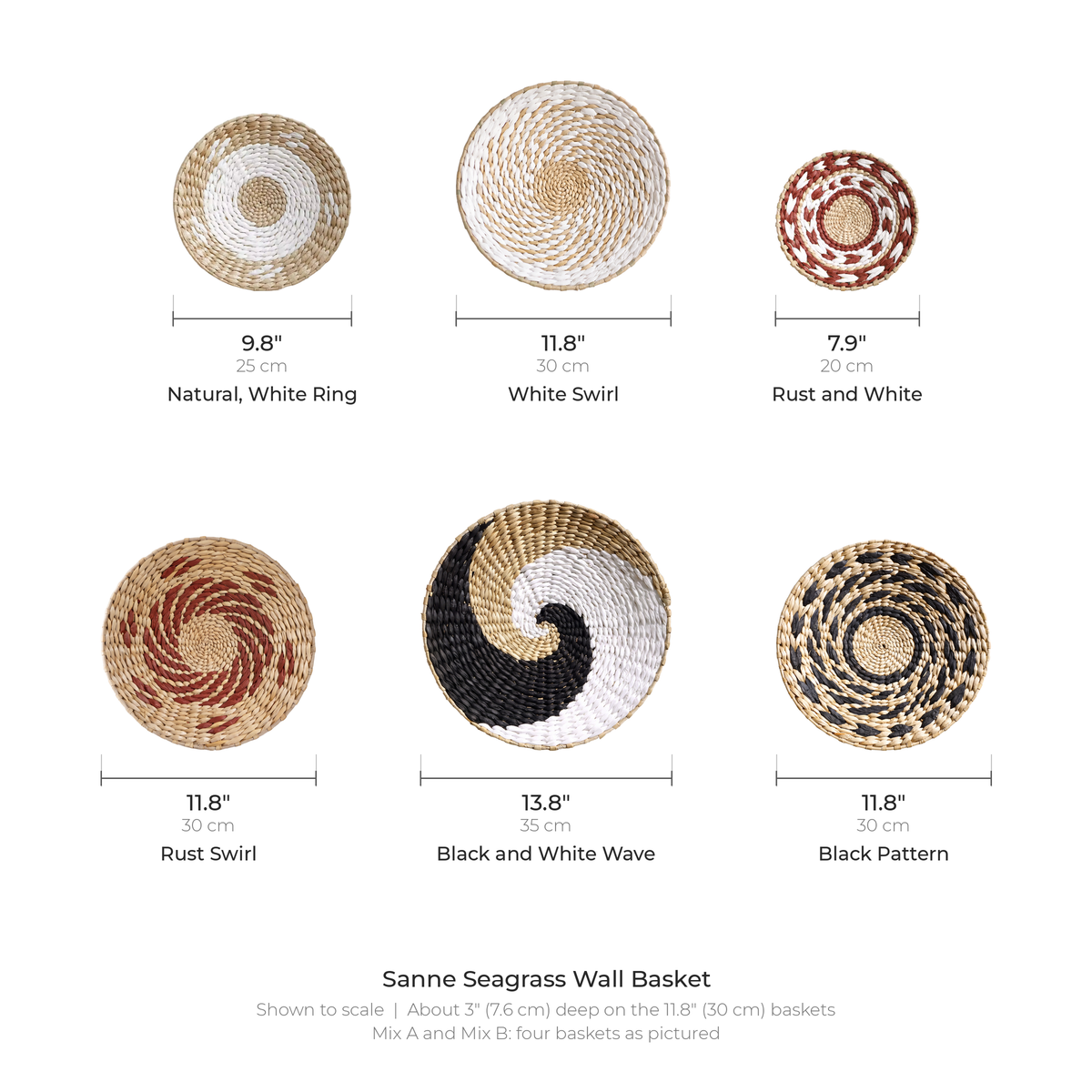 Sanne seagrass wall basket sizes: six designs from 7.9 to 13.8 inches across, shown to scale
