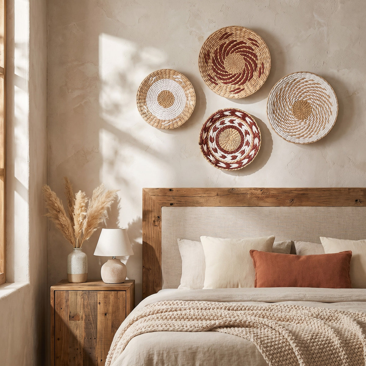 Sanne seagrass wall baskets arranged above a bed