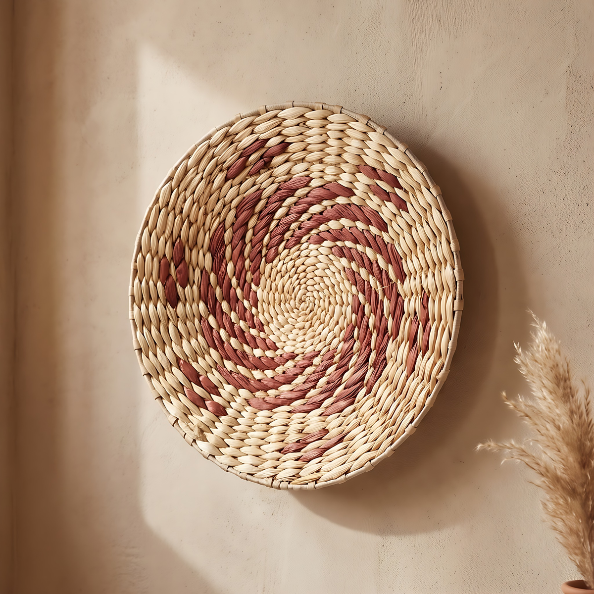Sanne seagrass wall basket in Rust Swirl, 11.8", on a warm white limewash wall