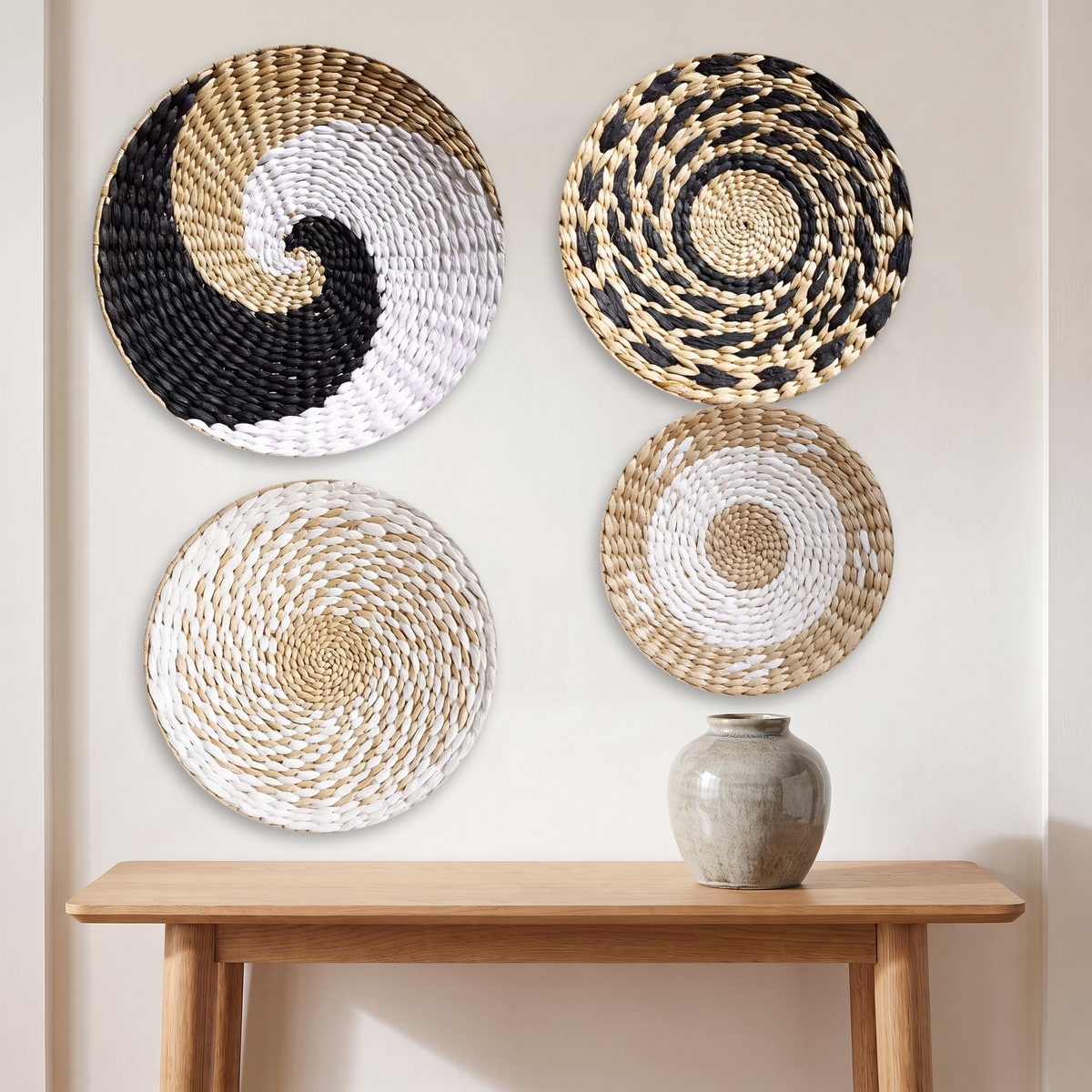 Sanne seagrass wall basket in Set of Four, Mix B on a warm white living room wall above a console