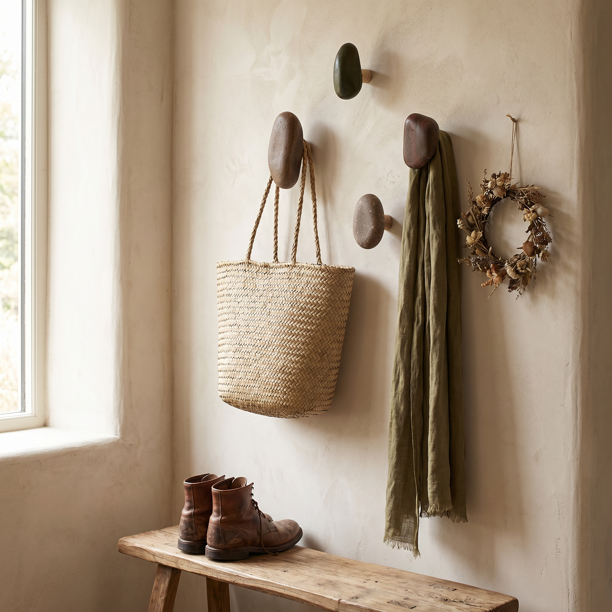 Stone and Wood Wall Hooks, 4-Piece Set, Random Colors and Shapes