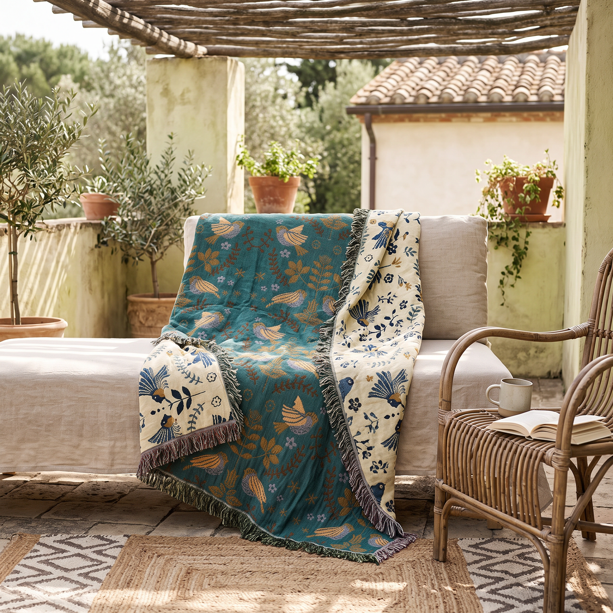 Reversible Throw Blanket, Nordic Bird Print, Fringed Cotton