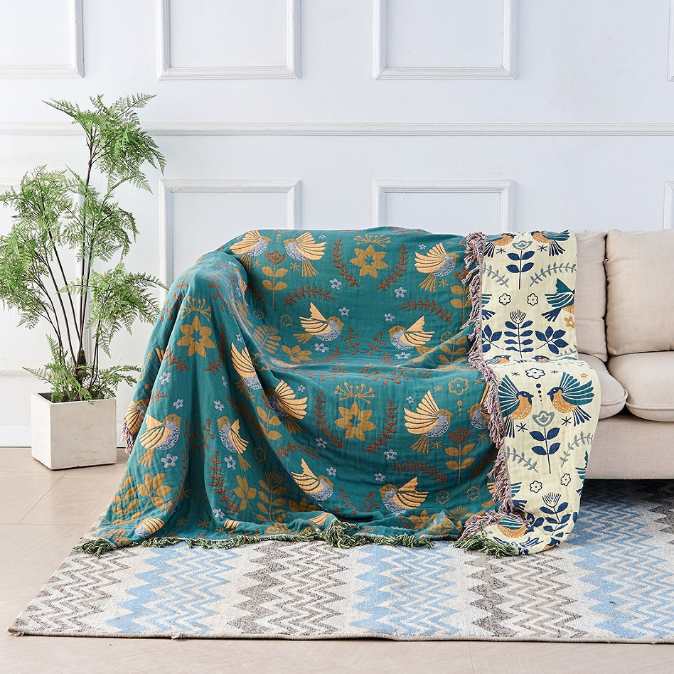 Reversible Throw Blanket, Nordic Bird Print, Fringed Cotton