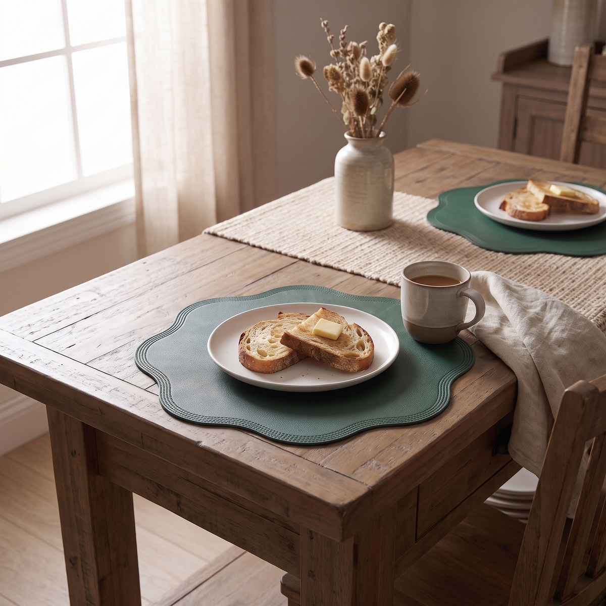Two green scalloped placemats on a wooden table set for breakfast with toast and coffee