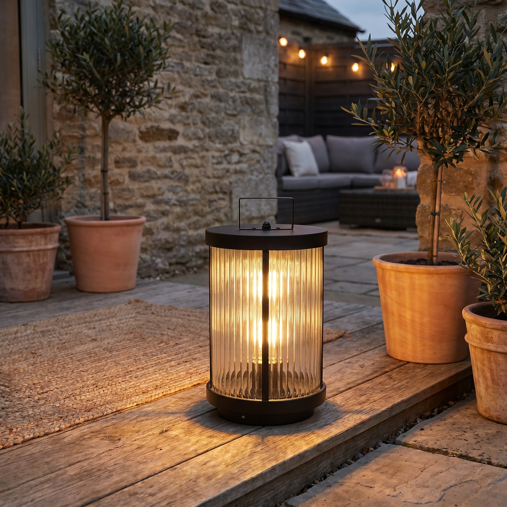 Solar Cylindrical Lantern, Striped Glass and Stainless Steel, IP54, E27