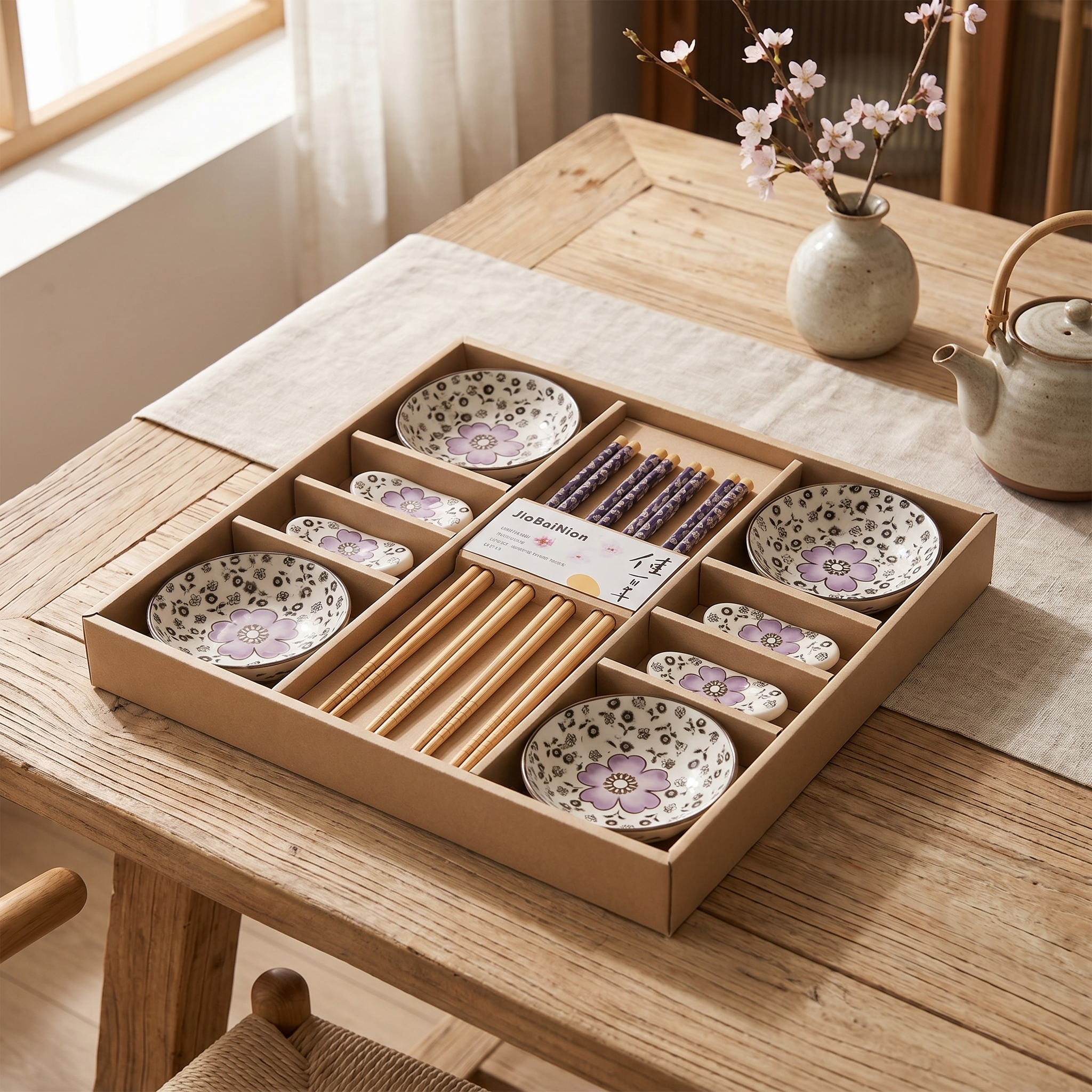 Sushi Dinnerware Set, 12-Piece, Cherry Blossom Ceramic, Gift Box