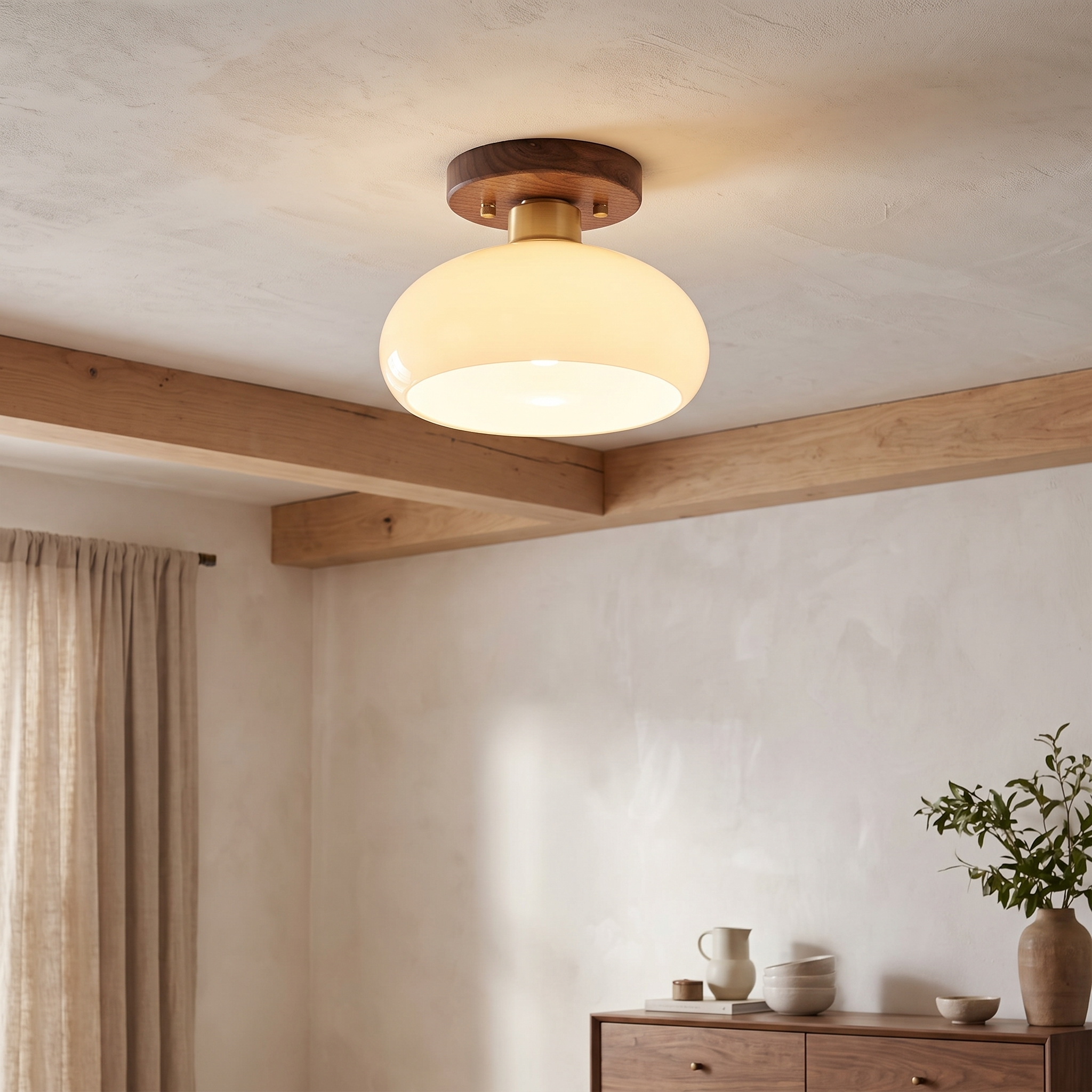Semi-Flush Ceiling Light, Walnut Copper Glass, Round, 1-Light