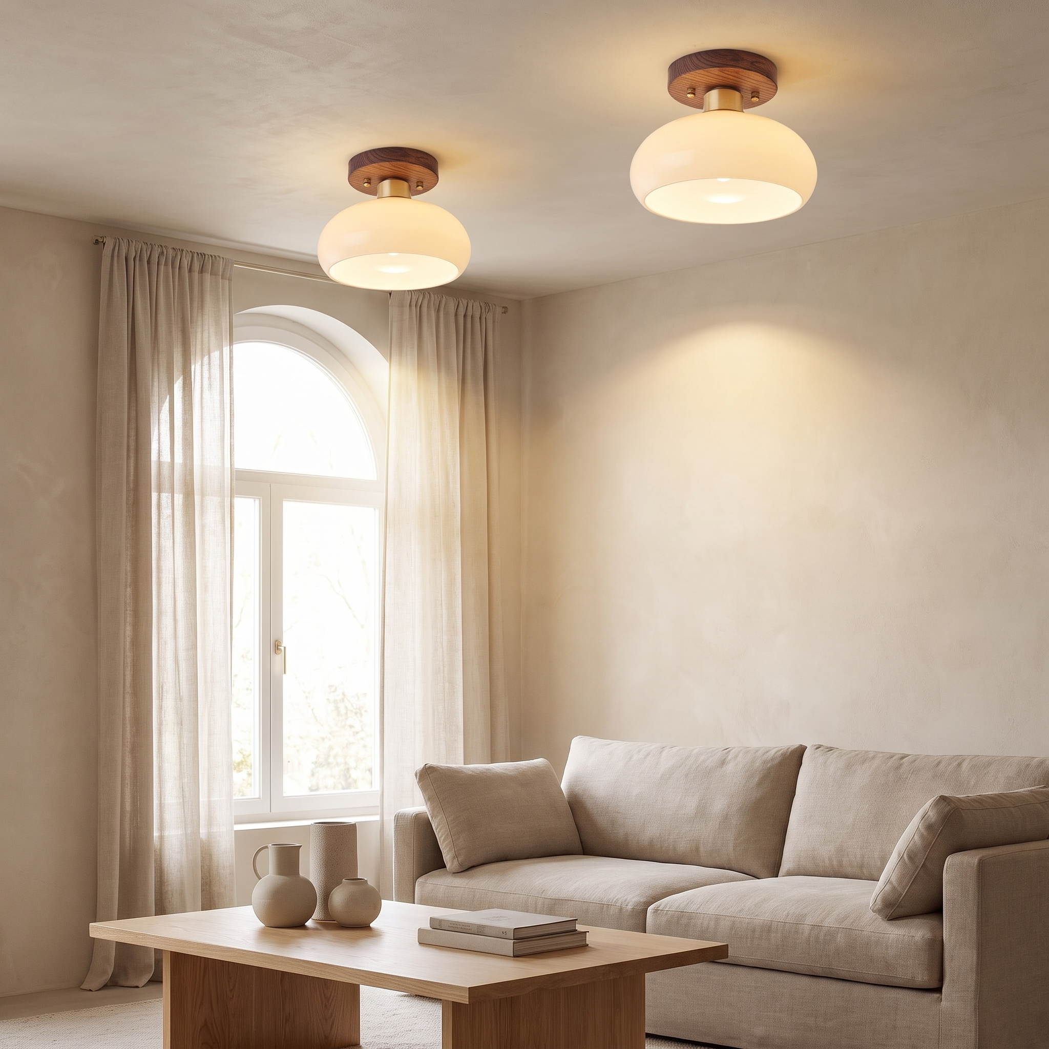 Semi-Flush Ceiling Light, Walnut Copper Glass, Round, 1-Light