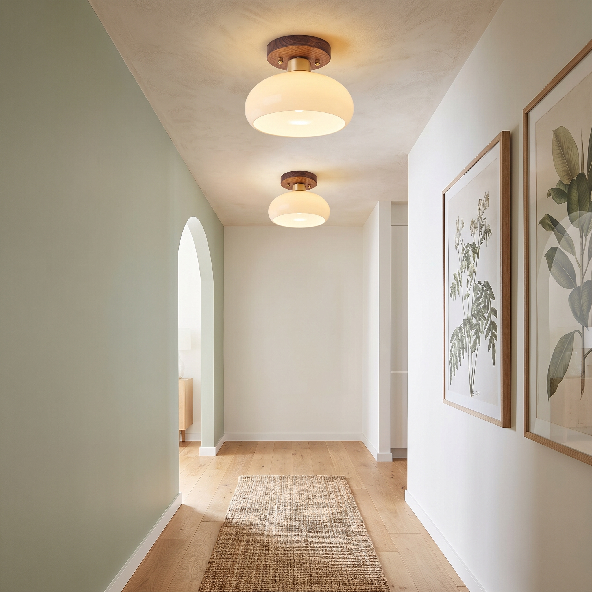 Semi-Flush Ceiling Light, Walnut Copper Glass, Round, 1-Light