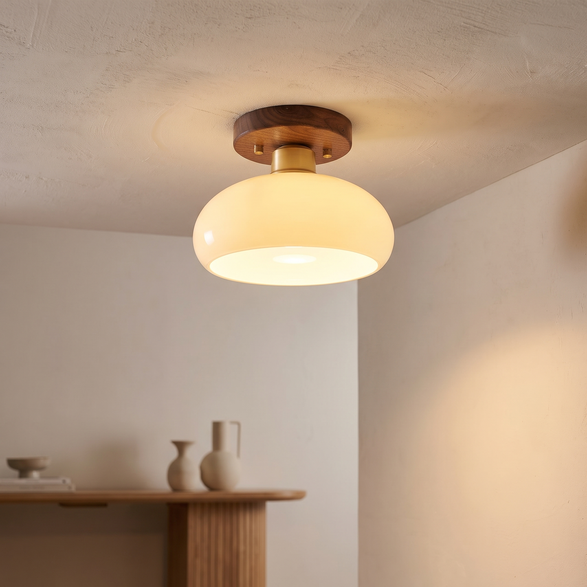 Semi-Flush Ceiling Light, Walnut Copper Glass, Round, 1-Light