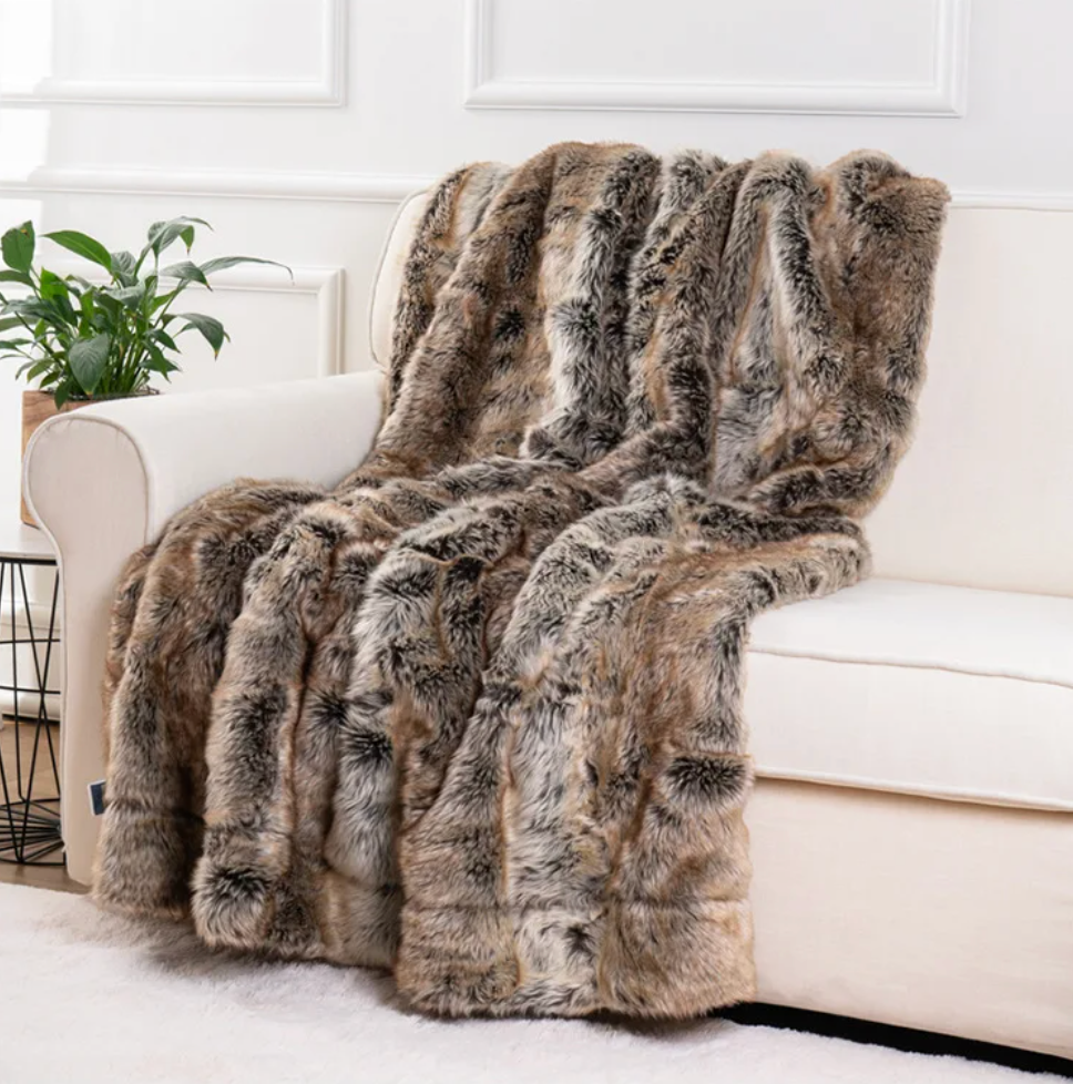 Scandinavian Faux Fur Throw Blanket, Mink, 60 x 80 inches