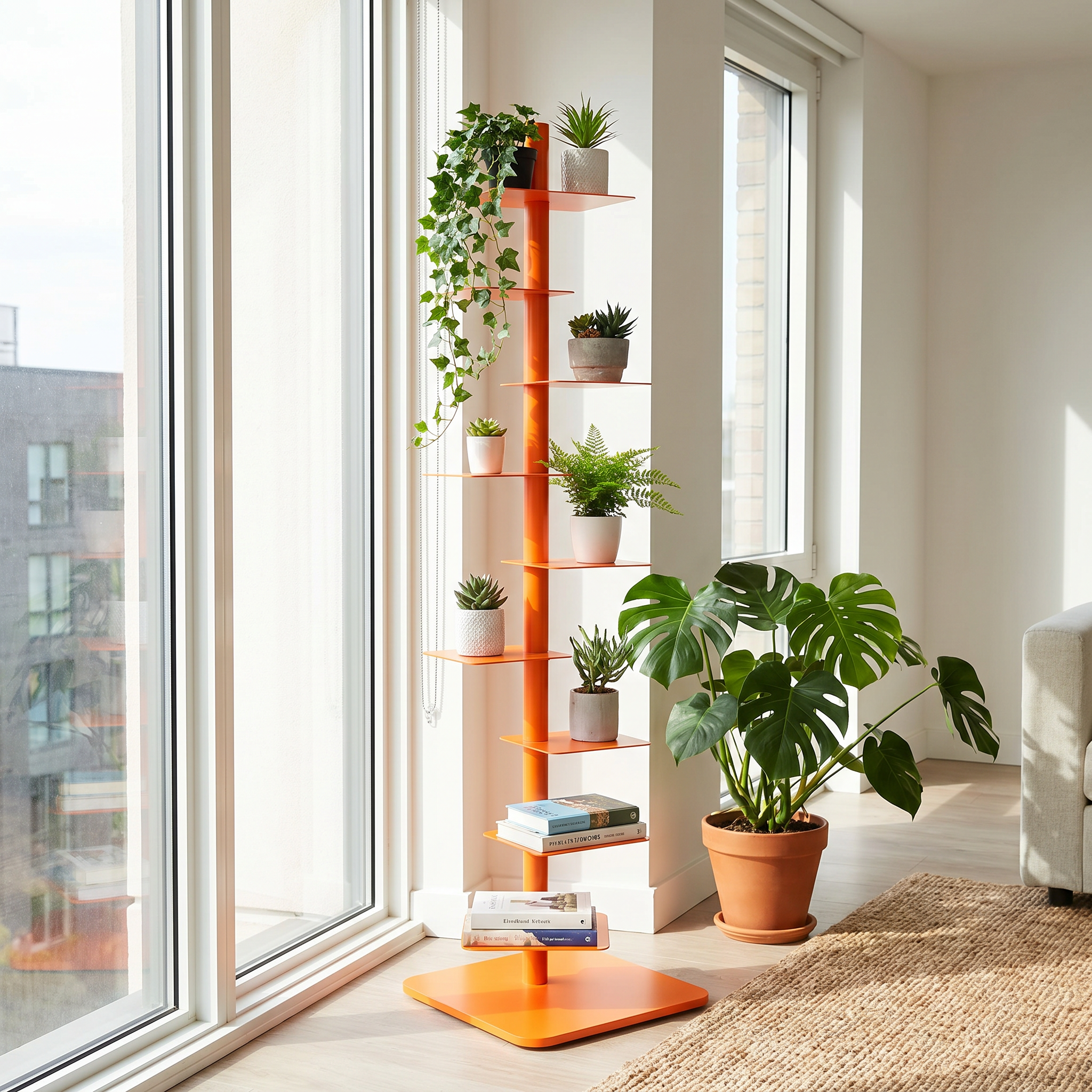 Steel Floating Ledge Plant Stand, 8 Shelves, Matte Powder-Coated