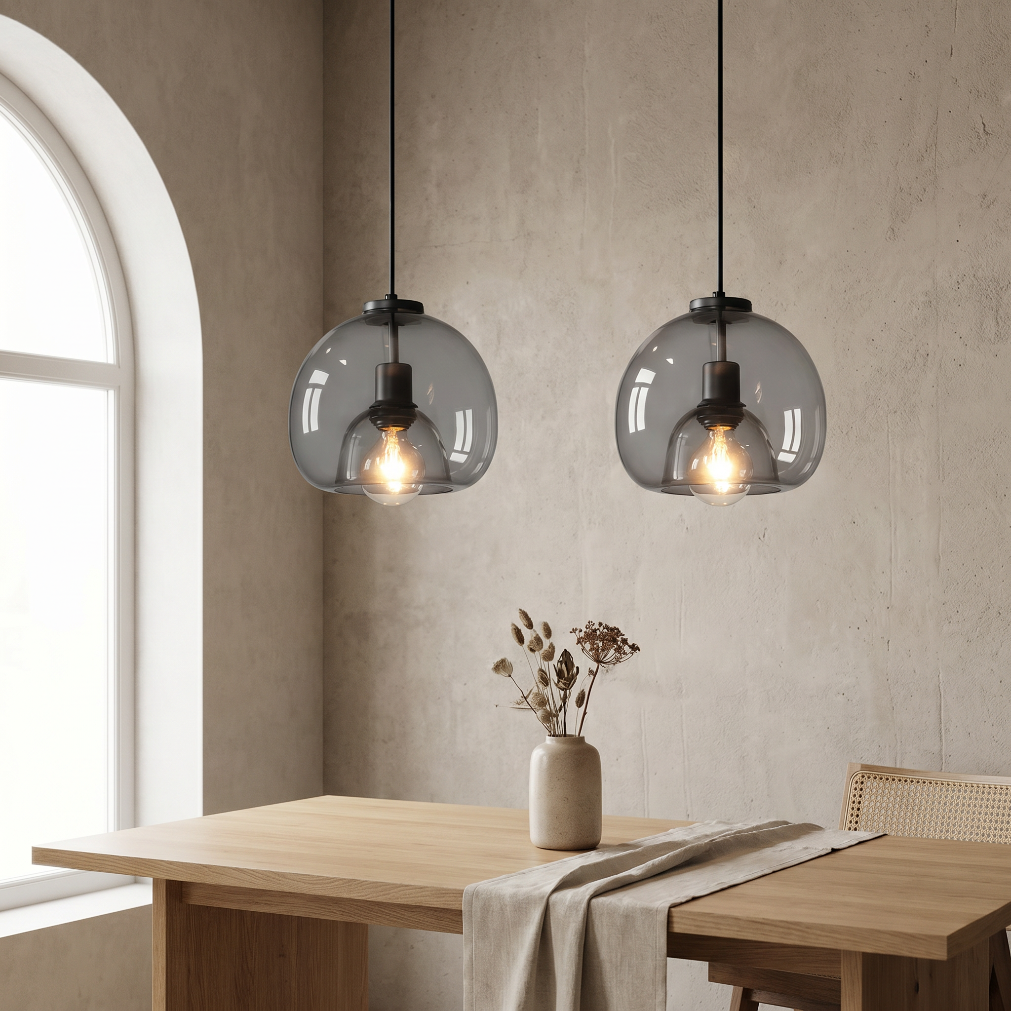 Smoke Gray Hand-Blown Glass Dome Pendant, E26/E27, UL Listed, 150cm Cord