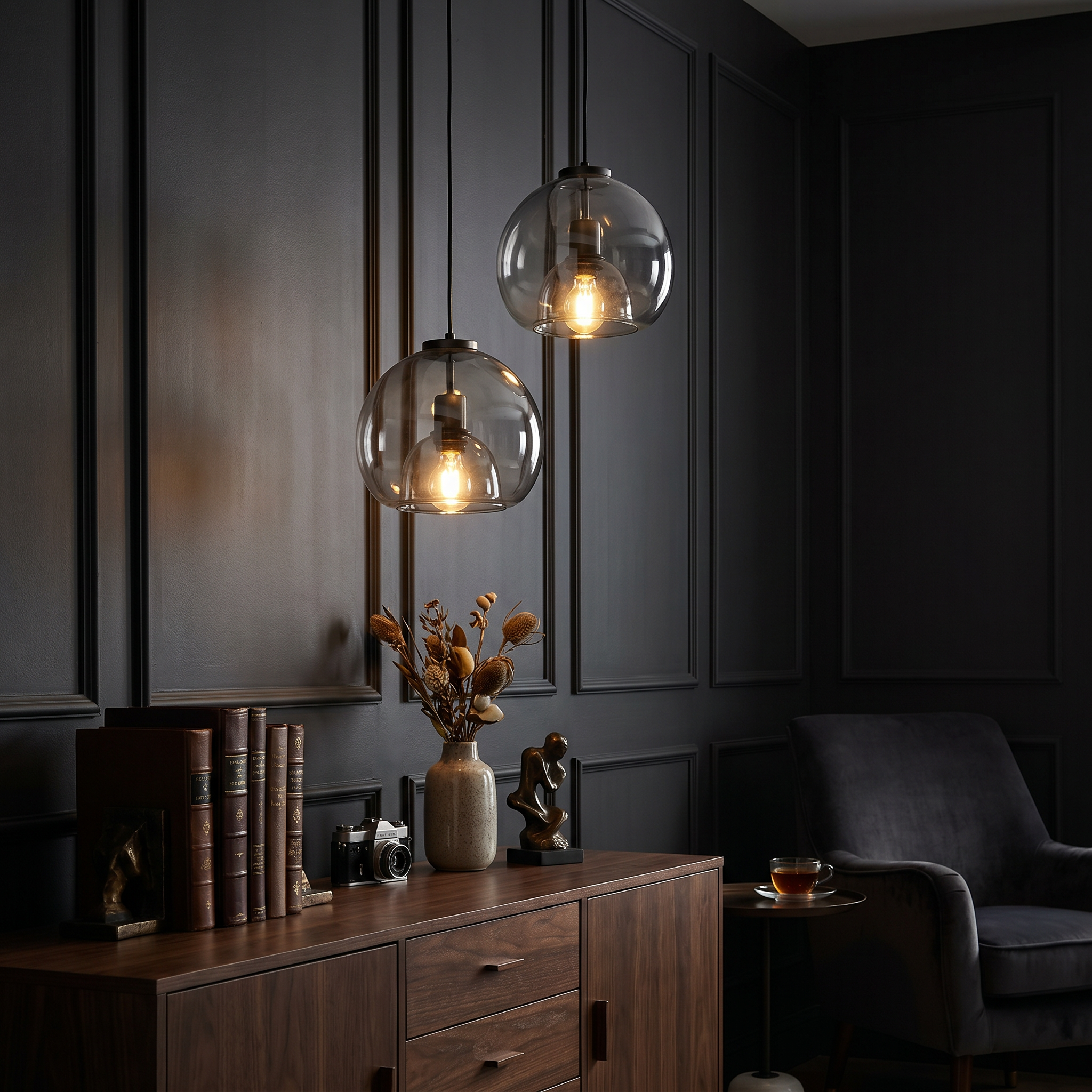 Smoke Gray Hand-Blown Glass Dome Pendant, E26/E27, UL Listed, 150cm Cord