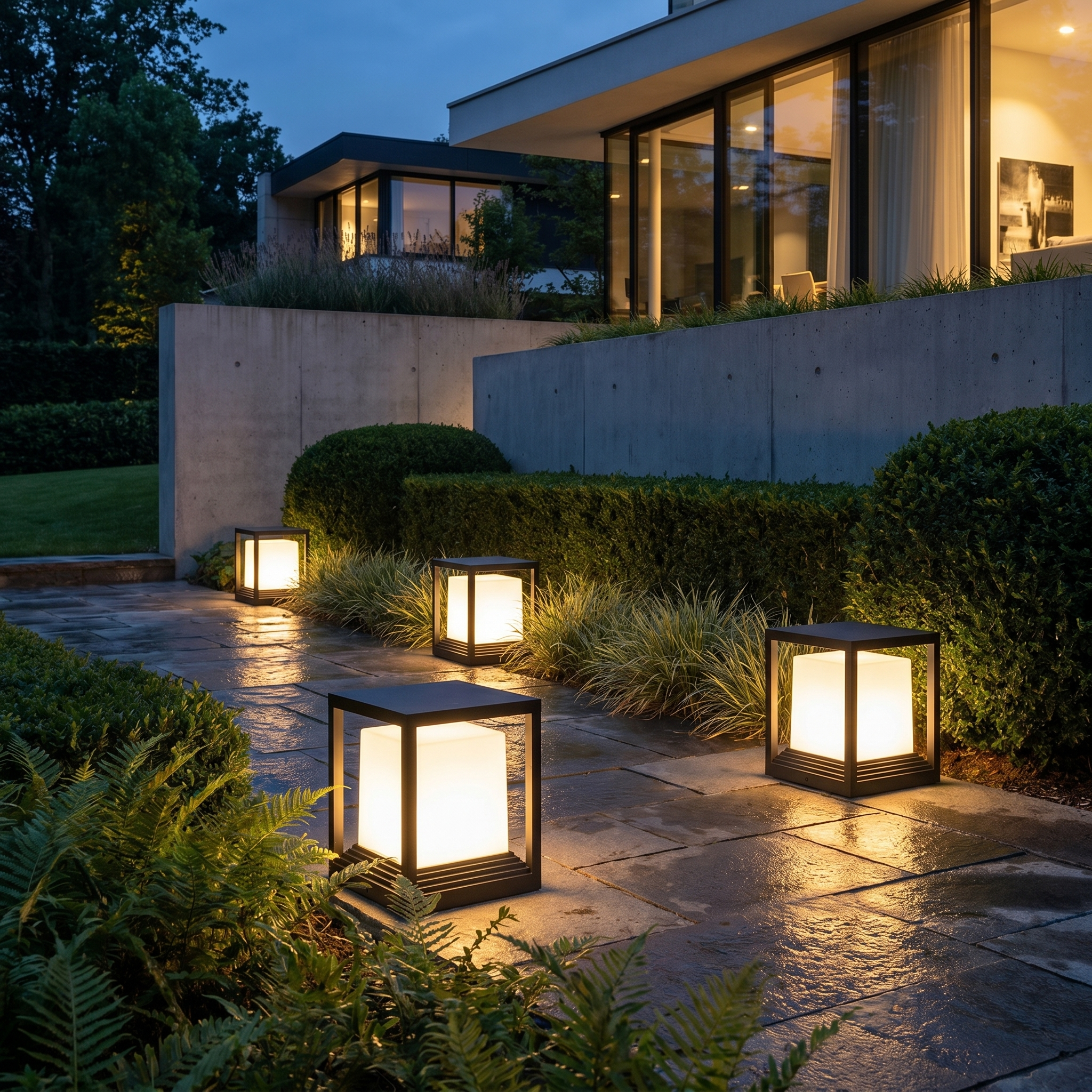 Square Garden Pedestal Light, Aluminum and Acrylic, IP54, E27, Two Sizes