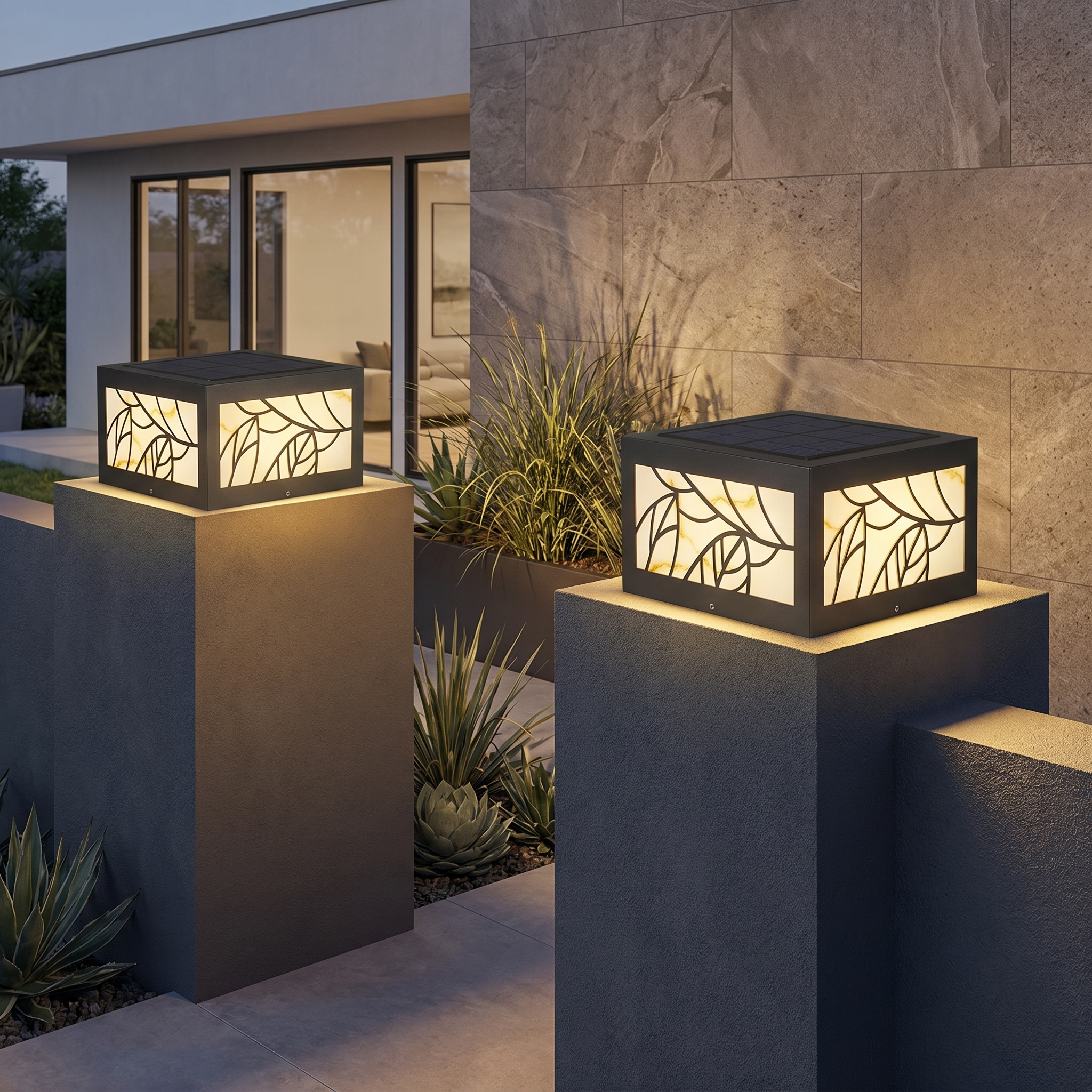 Square Gate Pillar Light, Stainless Steel and Marble, IP65, Solar or Hardwired