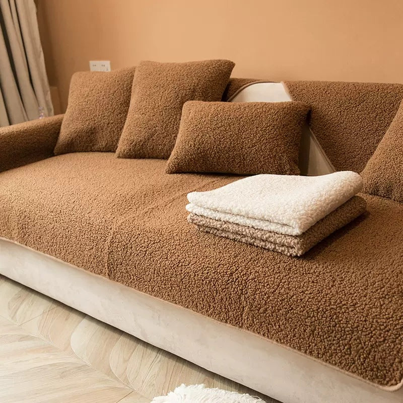Brown sherpa sofa cover with matching cushions