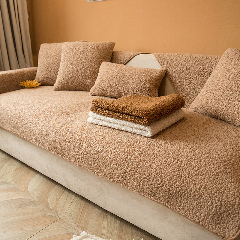 Light brown sherpa sofa cover with cushions