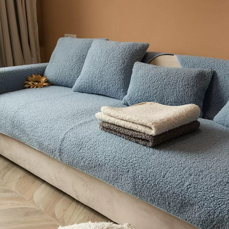 Blue sherpa sofa cover with cushions