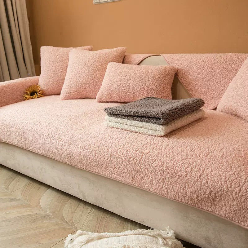 Pink sherpa sofa cover with cushions
