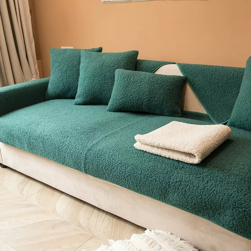 Turquoise sherpa sofa cover with cushions
