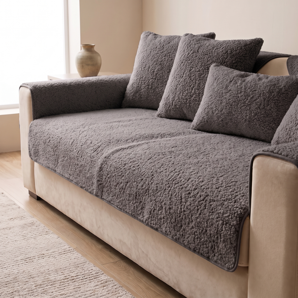 Dark gray sherpa sofa cover