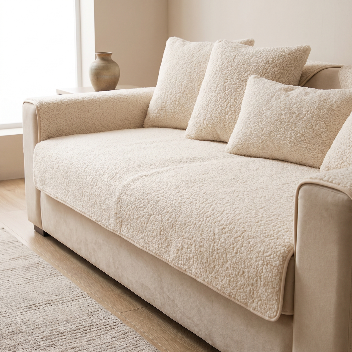 Off white sherpa sofa cover and sherpa cushions on a beige sofa