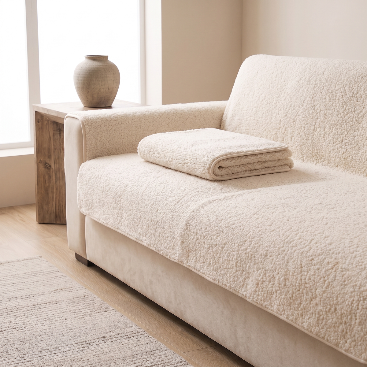 Off white sherpa sofa cover with a folded throw on the seat
