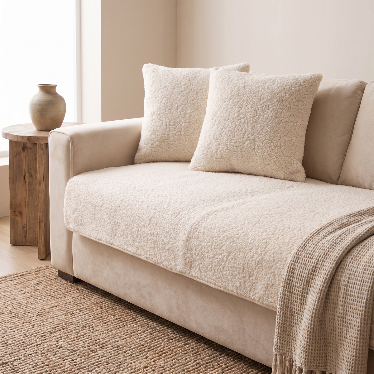 Off white sherpa seat cover and cushion covers on a sofa